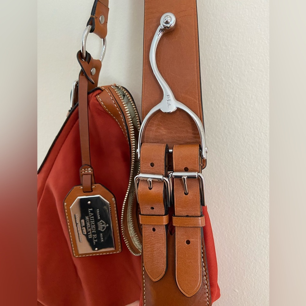 Lauren Ralph Lauren burnt orange nylon leather stirrup bag